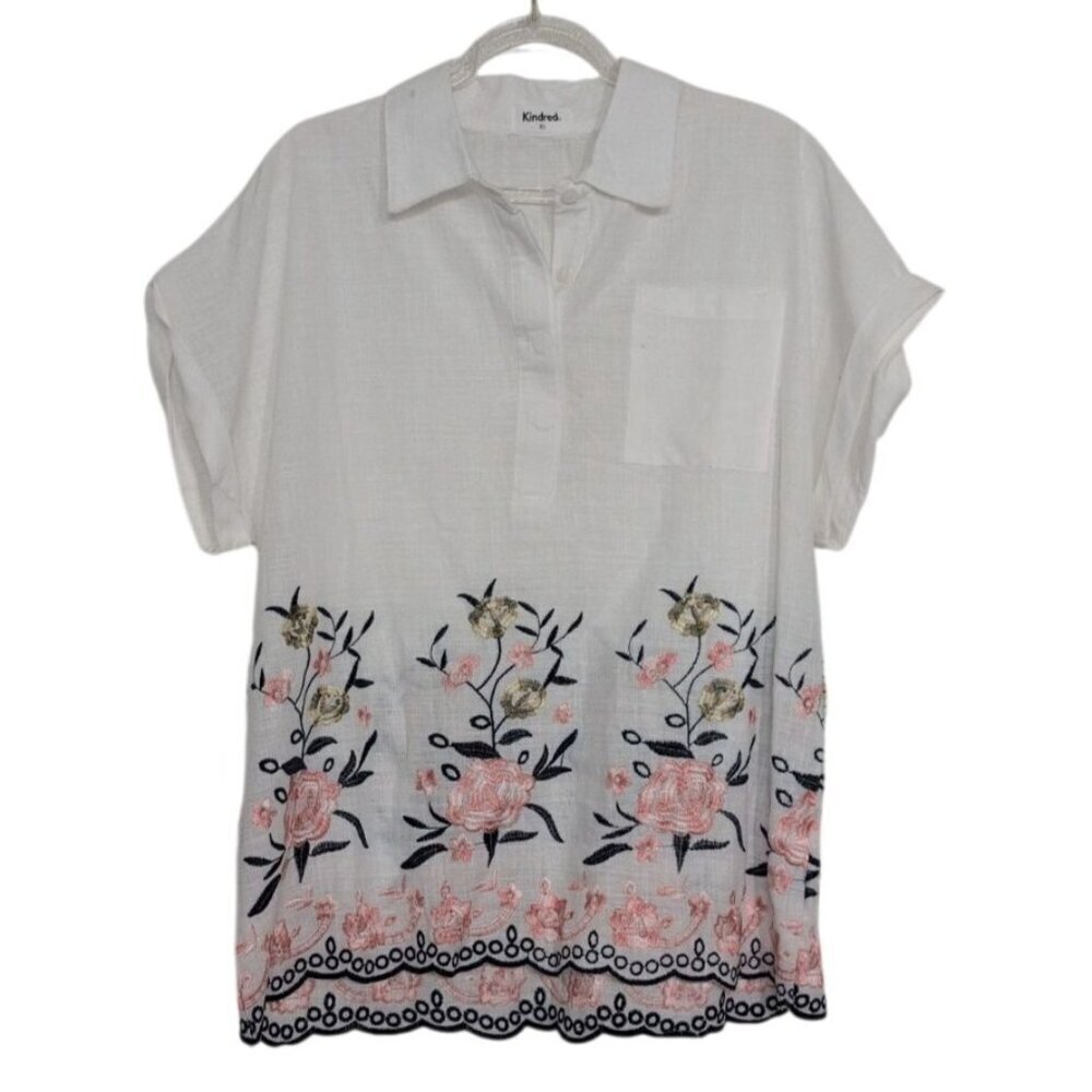 NEW Kindred Floral Shirt Womens Petite Size XL White V Neck Cotton Peasant Boho